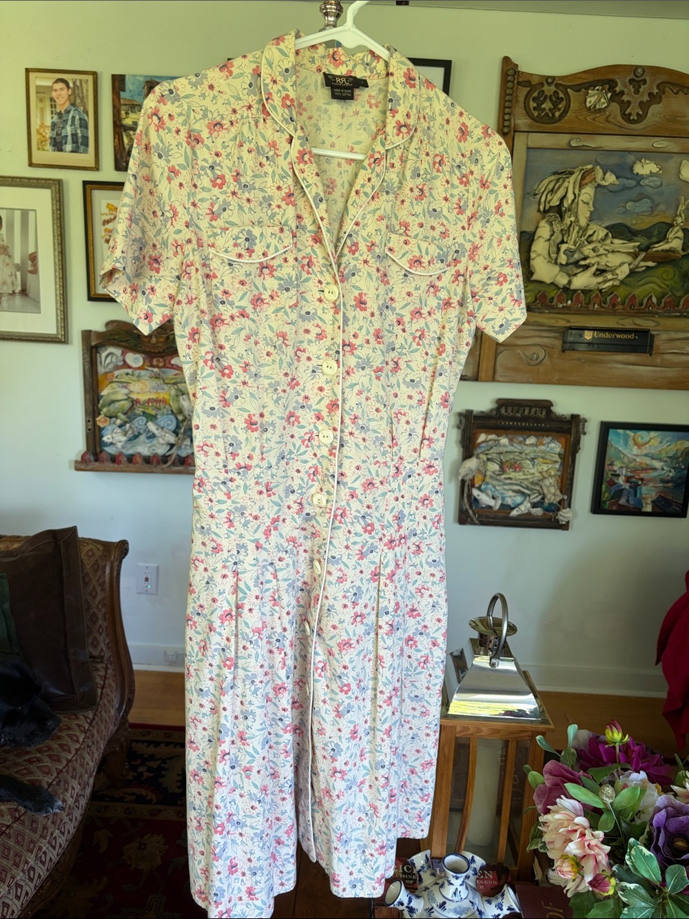 RRL Ralph Lauren Floral Cotton Midi Shirt Dress Cream Pink Vintage Style